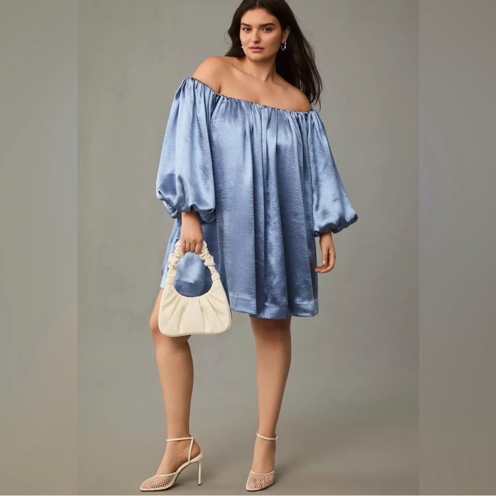 Mare Mare Anthropologie Off-The-Shoulder Puff-Sleeve Shine Mini Dress NWT Medium